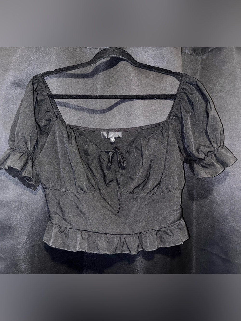 Square Neck Puff Sleeve Ruffle Crop Top - Black